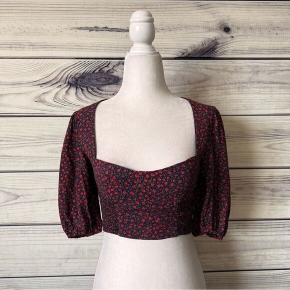 Zara Red & Black Floral Puff Sleeve Sweetheart Crop Top - Picture 3 of 10